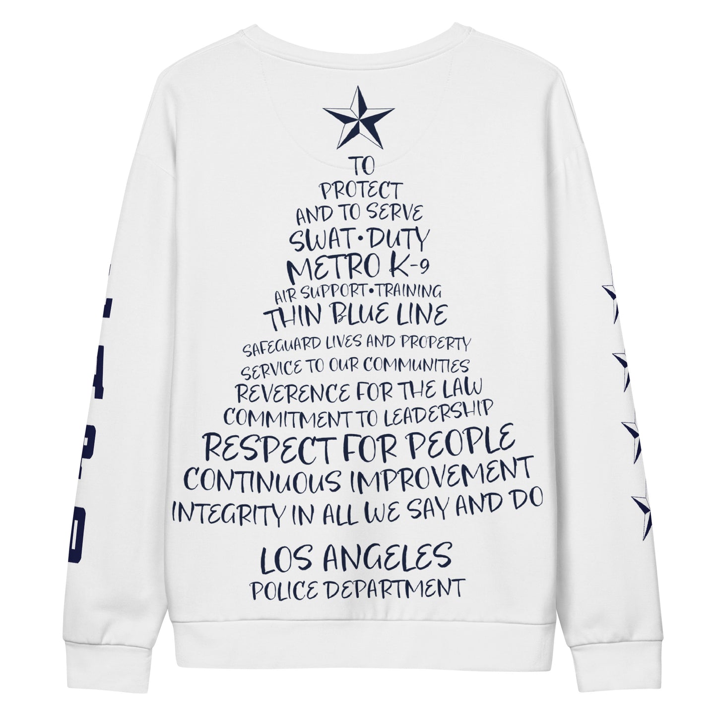 Front view of the navy blue LAPD sweatshirt featuring the badge and stars graphic