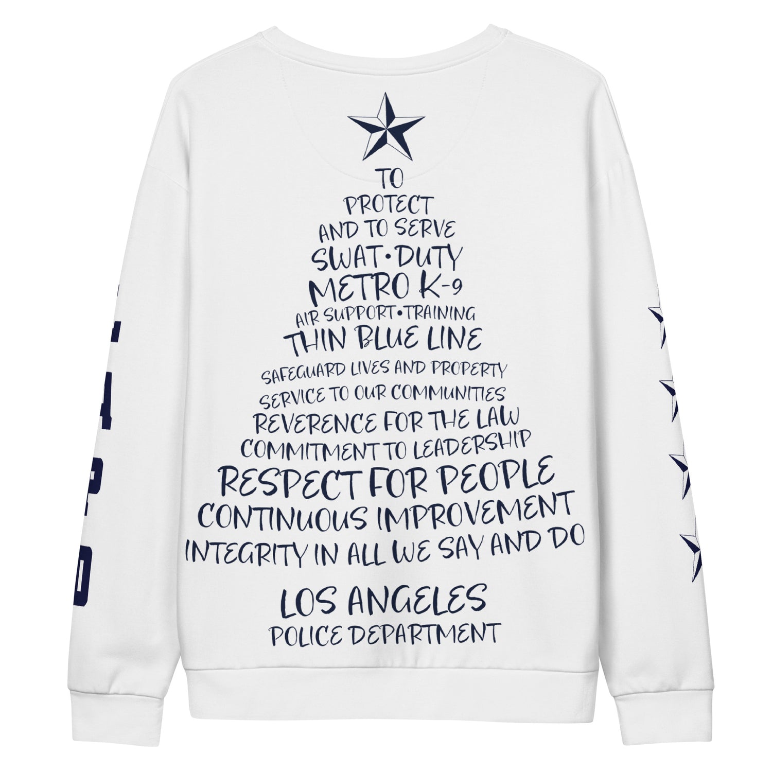 Front view of the navy blue LAPD sweatshirt featuring the badge and stars graphic