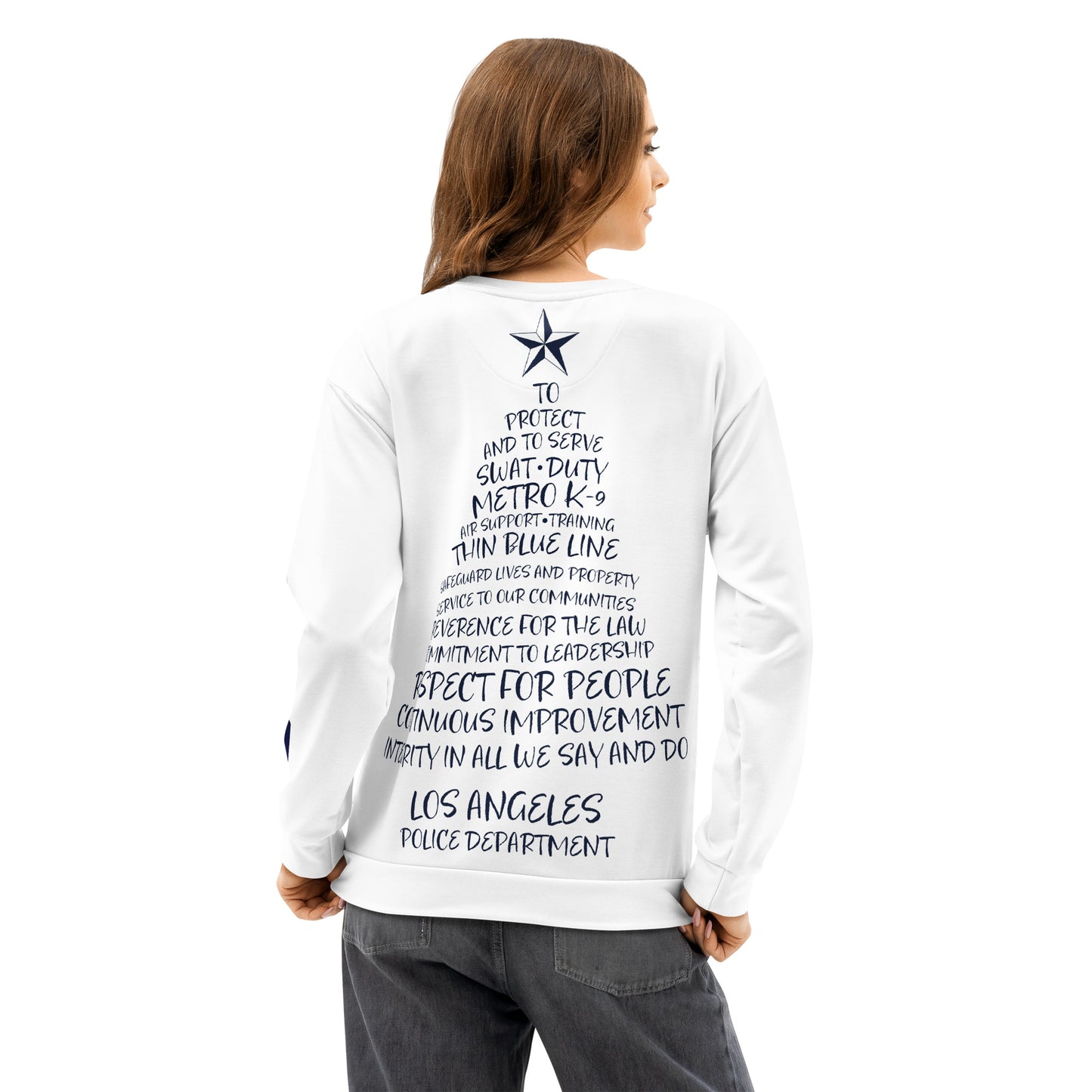 Back view of the relaxed fit LAPD crewneck sweatshirt