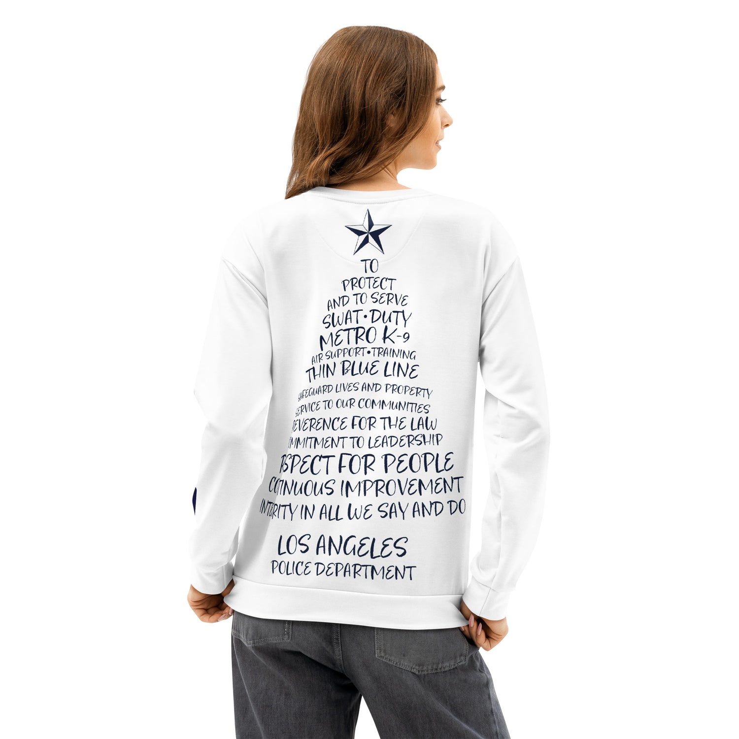 Back view of the relaxed fit LAPD crewneck sweatshirt