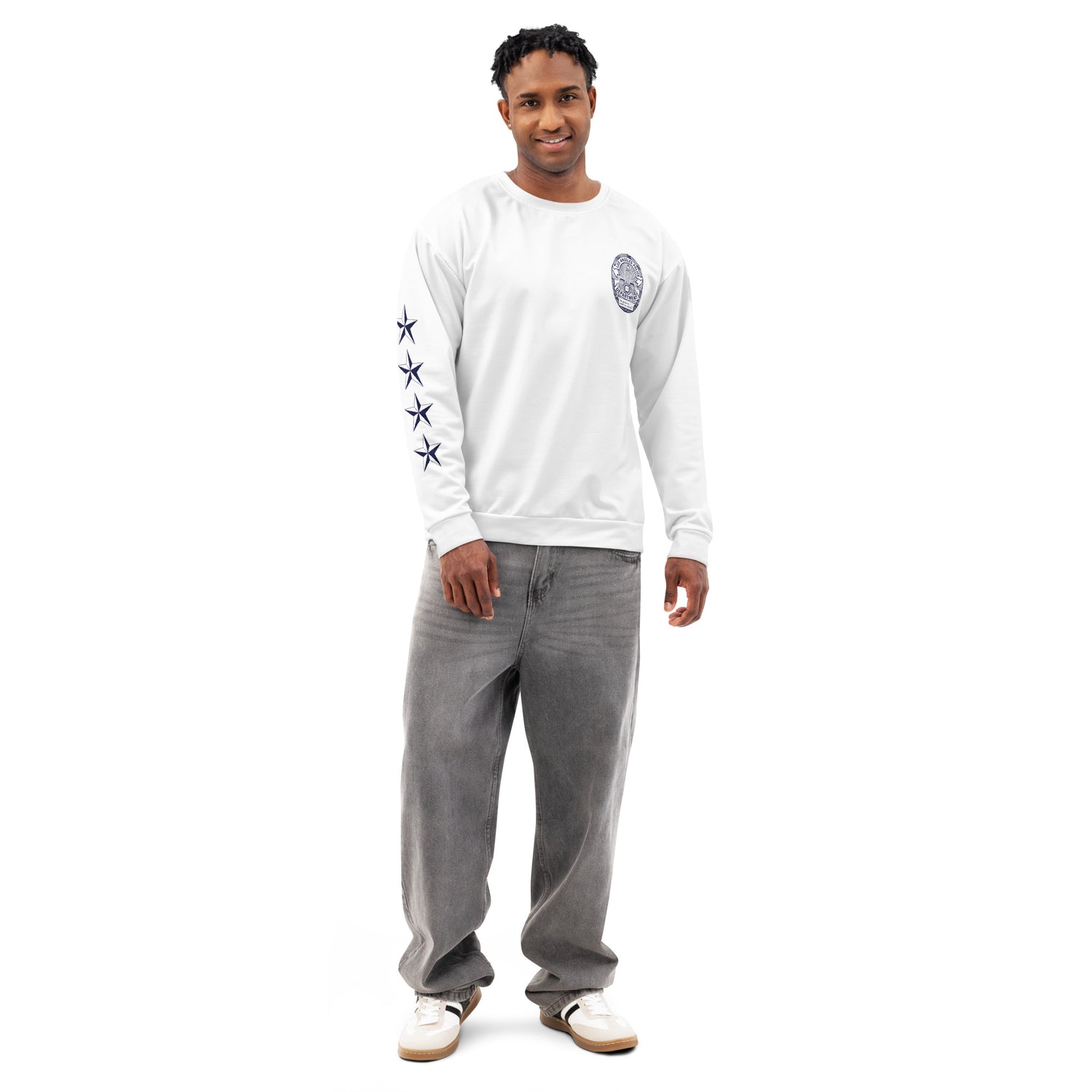 Side profile view showing the drop shoulder construction of the sweatshirt