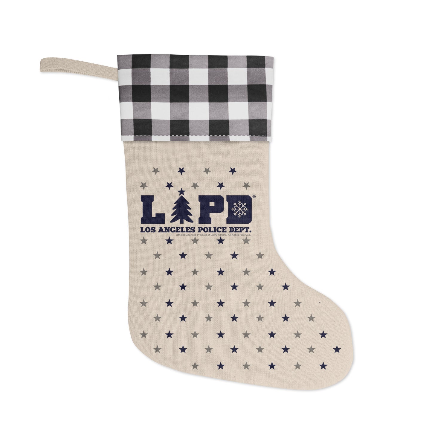 Holiday stocking with a plaid cuff and official LAPD logo hanging on a mantel
