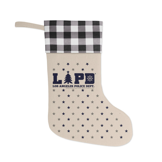 Holiday stocking with a plaid cuff and official LAPD logo hanging on a mantel-0